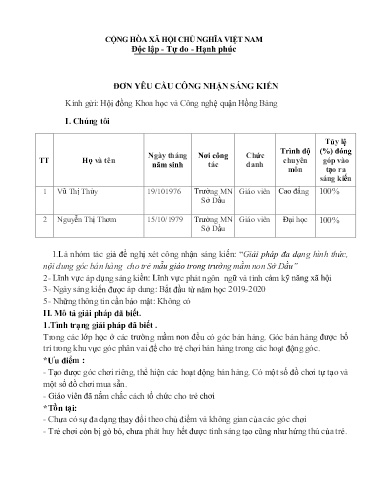 Đơn yêu cầu công nhận Sáng kiến Giải pháp đa dạng hình thức, nội dung góc bán hàng cho trẻ mẫu giáo trong trường Mầm non Sở Dầu