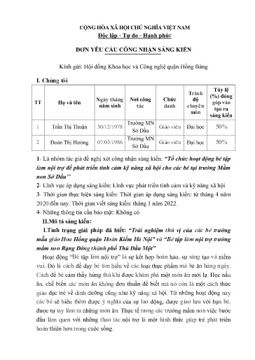 Đơn yêu cầu công nhận Sáng kiến Tổ chức hoạt động bé tập làm nội trợ để phát triển tình cảm kỹ năng xã hội cho các bé tại trường Mầm non Sở Dầu