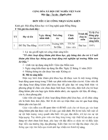 Đơn yêu cầu công nhận Sáng kiến Tổ chức hoạt động khám phá khoa học, gây hứng thú cho trẻ 4-5 tuổi khám phá khoa học thông qua hoạt động trải nghiệm tại trường Mầm non Sở Dầu