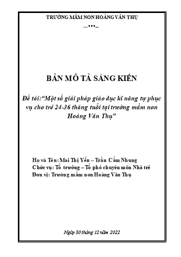 Một số giải pháp giáo dục kĩ năng tự phục vụ cho trẻ 24-36 tháng tuổi tại trường mầm non Hoàng Văn Thụ