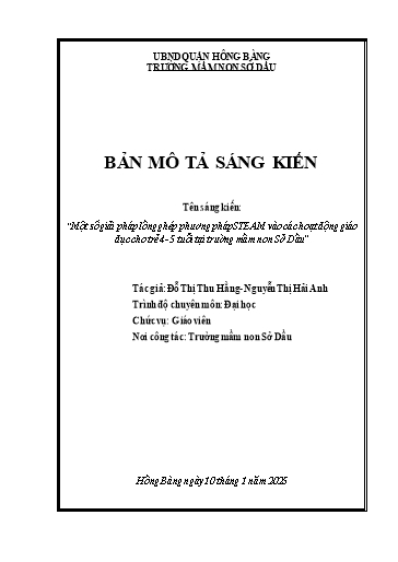 Một số giải pháp lồng ghép phương pháp Steam vào các hoạt động giáo dục cho trẻ 4-5 tuổi tại trường Mầm non Sở Dầu