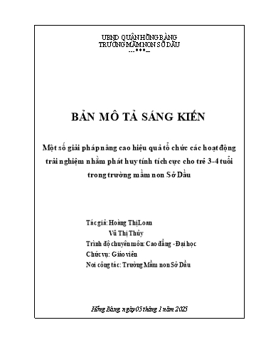 Một số giải pháp nâng cao hiệu quả tổ chức các hoạt động trải nghiệm nhằm phát huy tính tích cực cho trẻ 3-4 tuổi trong trường mầm non Sở Dầu