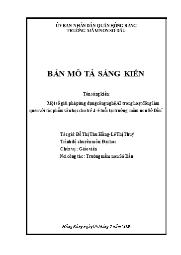 Một số giải pháp ứng dụng công nghệ AI trong hoạt động làm quen với tác phẩm văn học cho trẻ 4-5 tuổi tại trường Mầm non Sở Dầu