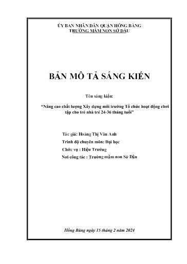 Nâng cao chất lượng Xây dựng môi trường Tổ chức hoạt động chơi tập cho trẻ nhà trẻ 24-36 tháng tuổi